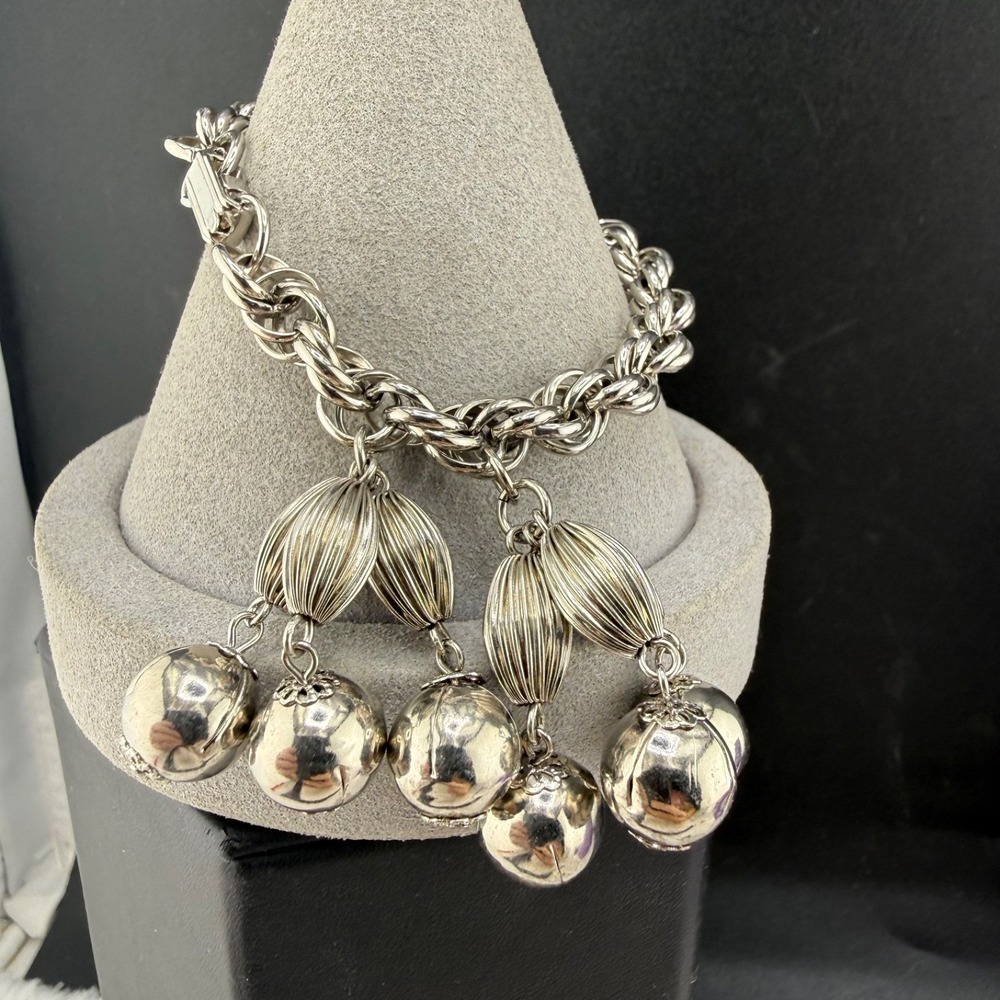 Vintage Estate Tassel Bracelet Silver Tone Ball Dangle Ribbed 6.5in